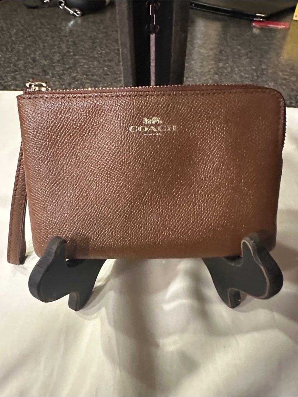 Coach Brown Pebbled Leather Corner Zip Wristlet with Gold Logo